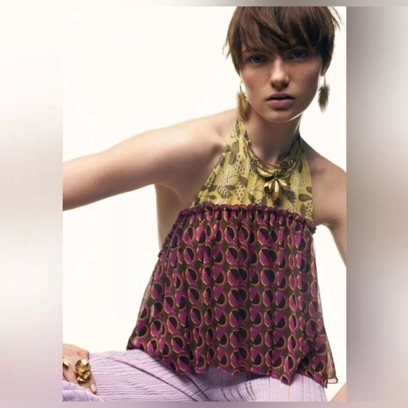 NWT ZARA Halter Neck Multicolored Printed Top Metallic Layer 7720/025 Size XL - Picture 6 of 14